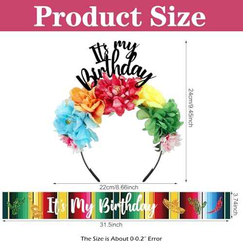 Hoteam 2 Pcs Headband and Sash Mexican Flower Crowns Cinco de Mayo Satin Sash Fiesta Birthday Tiara Crown for Women