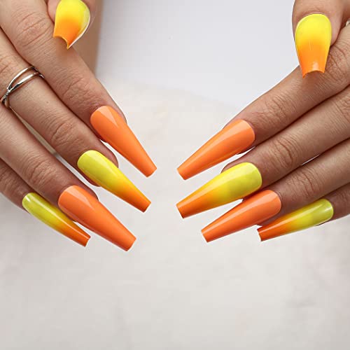 Gangel Coffin Press on Nails Extra Long Fake Nail Ballerina False Nails Glossy Full Cover Yellow Orange Fake Nails Acrylic Daily Wear Party for Women and Girls 24Pcs (Autumn)