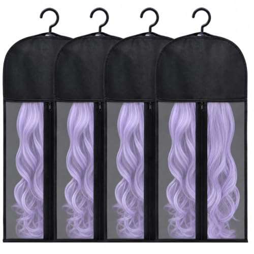 Hadwoer 4-Pack Wig & Hair Extension Storage Bags with Hangers, Dust-Proof