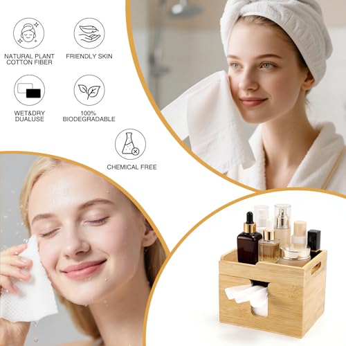 InnJoey Bamboo Face Towel Holder with 2 Glass Jars - Skincare Organizer, Bathroom Countertop Storage