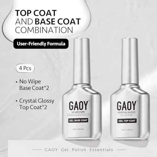 GAOY 16ml 4 Pcs Glassy Gel Top Coat and Base Coat Set, No Wipe Foundation Combination for UV Light Cure Nail Polish