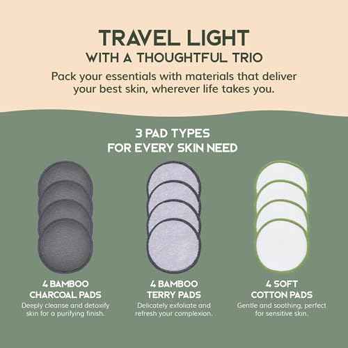 Greenzla Reusable Makeup Remover Pads Travel Set - 12 Pack Microfiber Cotton Pads, Dark Charcoal Cotton Rounds, and Bamboo Terry Face Wipes for All Skin Types with Mesh Laundry Bag and Travel Pouch