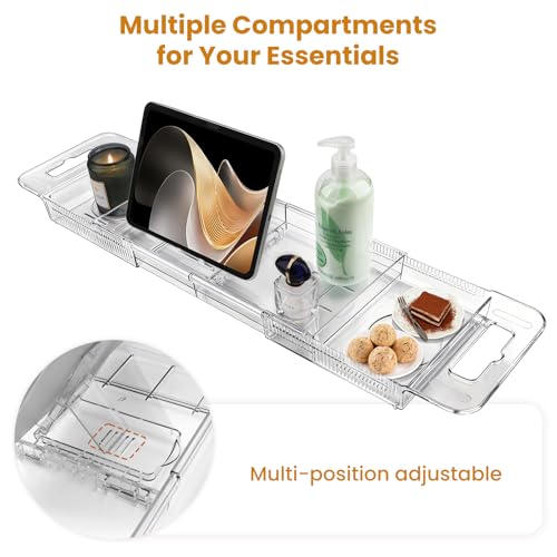 Foldable Bathtub Tray, Expandable to 80cm Acrylic Bath Tray for Tub, Bath Tub Tray Shower Storage Rack, Bath Table Trays for Bathtub (Transparent Bathtub Tray)