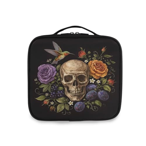 ALAZA Travel Makeup Case, Day of The Dead Skull Rose Humming Bird Dia Muertos Cosmetic toiletry Travel bag for Women Girls