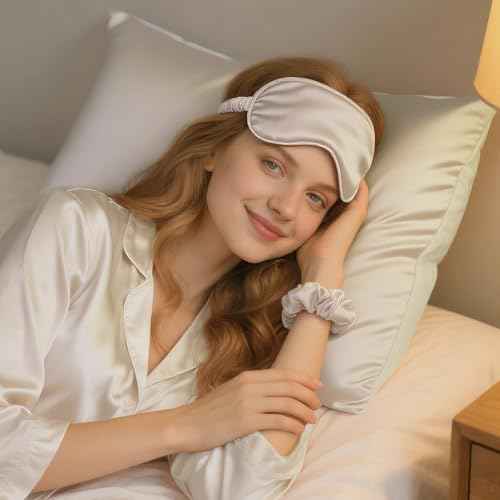 Vegan Silk Sleep Set, Vegan Silk Pillowcase with Large Scrunchie and Eye Mask for Hair and Skin, Self Care Essential Satin Night Routine Kit (Champagne Color)