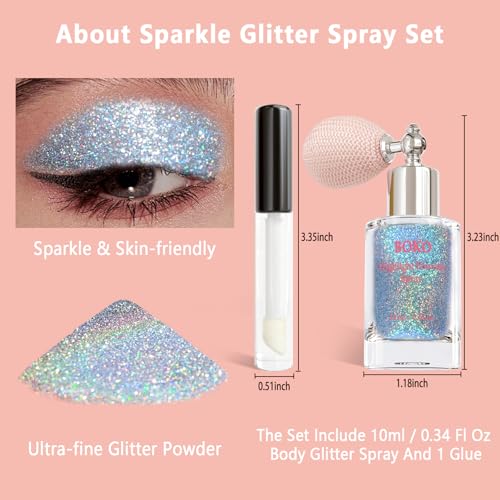 Boko Rainbow A-Glint Body Glitter Spray - Holographic Silver & Colorful Glitter for Face & Body