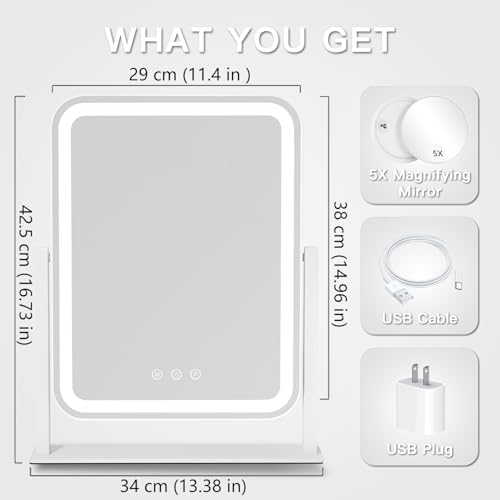 HIEEY Vanity Mirror with Lights, 3 Color Modes, 5X Magnification, Touch Control, 360° Rotation, White, Gift Box