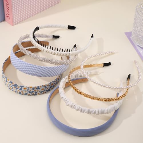 LifeDawn 8Pcs Headbands for Women,Gold Headband Pearl Headband Soft Padded Headbands Plastic Headbands with Teeth for Women's Hair Nonslip Wide Hair Band Cute Hair Accessories for Women,Blue