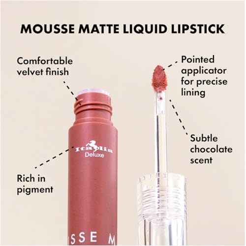 Italia Deluxe Pick 1 Mousse Matte Liquid Lipstick Comfortable Velvet Finish & Zipper Bag (190-01 : ALMOND, Full Size)