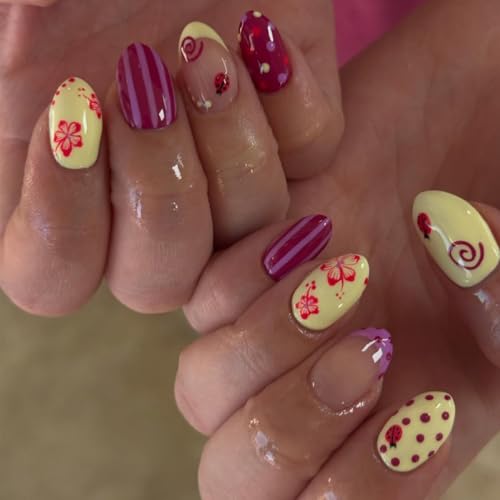 Short Oval Press On Nails 24pc Set, Purple & Yellow