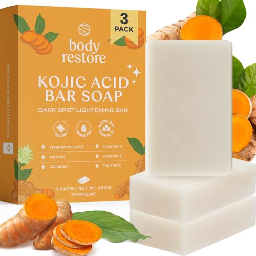 Body Restore Kojic Acid Soap, (Turmeric 3 Pack), with Vitamin C,E, Shea Butter, Collagen, Hyaluronic Acid, Turmeric, Retinol For Dark Spots, All Natural Soap Bar, Paraben Free