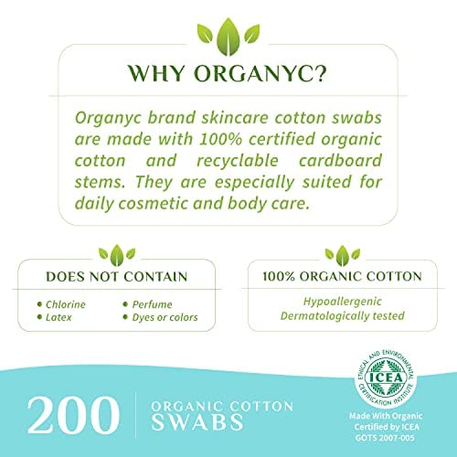 Organyc Organic Cotton Swabs 200 Count - Hypoallergenic, Biodegradable
