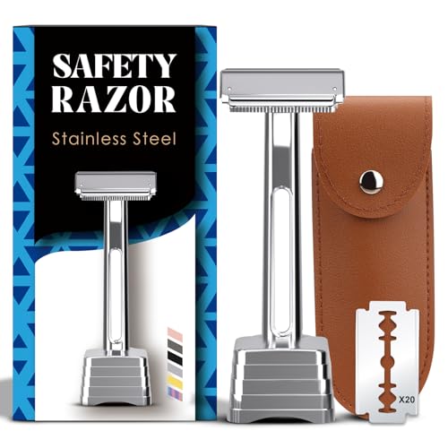 Dual-Blade Safety Razor with Pivoting Head, Reusable Metal Razors for Men, with 20 Double Edge Blades and Stand, Smooth Close Clean Shave, Silver