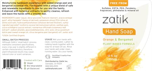 Zatik Naturals - Liquid Hand Soap with Orange & Bergamot, Moisturizing Handwash, 12 fl oz (Pack of 6)