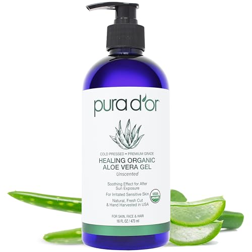 PURA D'OR 16 Oz ORGANIC Aloe Vera Gel - Unscented - All Natural - ZERO Artificial Preservatives - Deeply Hydrating & Moisturizing - Sunburn, Bug Bites, Rashes, Small Cuts, Eczema Relief - Skin & Hair