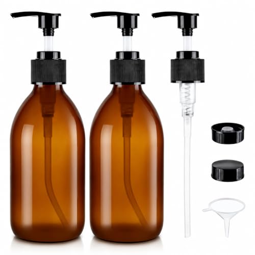 8oz Amber Glass Pump Bottle for Soap & Lotion - UV Block, 2 Pack