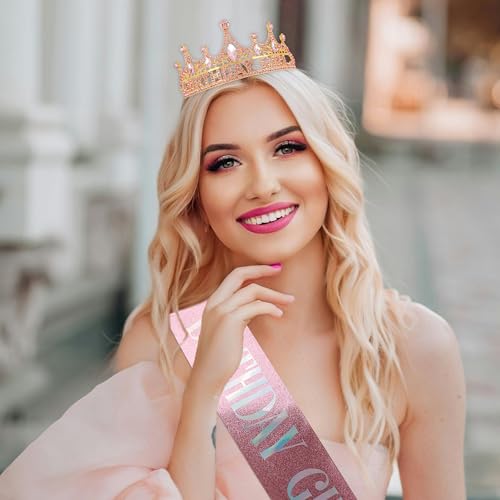 Sparkling Pink Birthday Girl Sash and Crown Set with Tiara