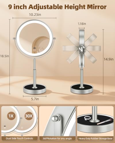 9" Lighted Makeup Mirror 30X Magnification Rechargeable