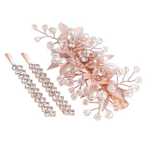 Wedding Hair Clips, Floral Rhinestone Pearl Hair Accessories for Bridal Women, Set of 3 (Rose Gold)