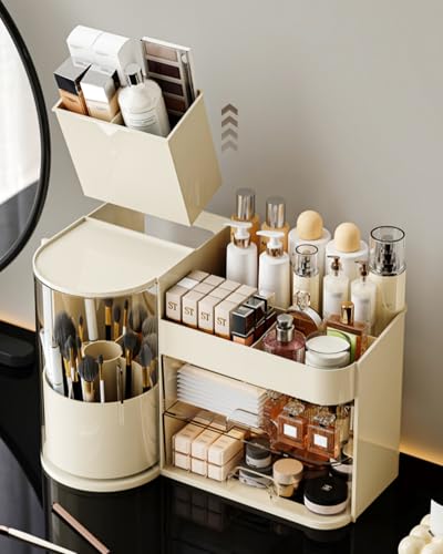 Large Cosmetic Organizer with Rotating Brush Holder & Drawers