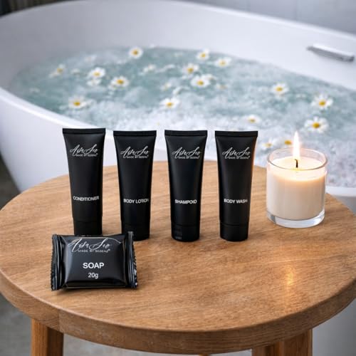 24 Piece Toiletry Kit for Hotels & Airbnb | 1oz Shampoo, Conditioner, Body Wash, Body Lotion, Bar Soap, Shower Cap, Razor, Toothbrush Set, Qtips & Makeup Remover Wipes (Toiletry Kit, 1)