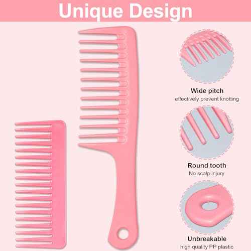 2PCS Wide Tooth Comb for Curly - Large Hair Detangling Comb,Styling Comb for Wet Dry Hair,Hair Care Comb for Women Men,Shampoo Shower Comb (Pink)