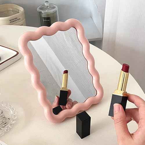 Wave Shaped Table Desk Vanity Makeup Mirror Portable Folding Cute Travel Make Up Mirror for Standing Hanging 6.7X5.3 Inch Home Decoration (Pink)