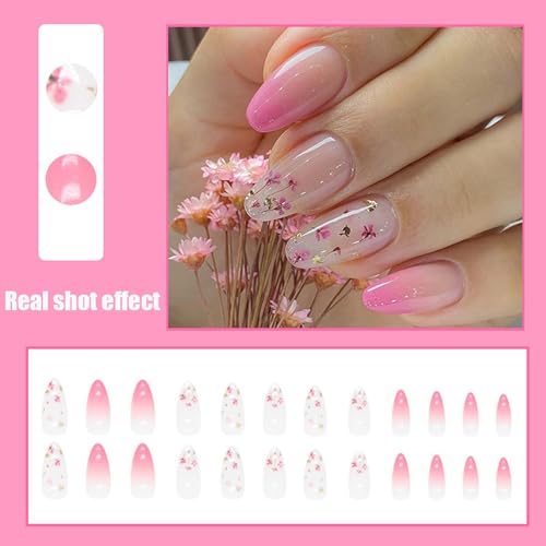 Gradient floral elements Cute Nails Pink and tender Press on Nails Short Almond Fake Nails French Dopamine Style Summer Glue on Nails for Women and Girls Spring romantic girly style Manicure(24 PCS)