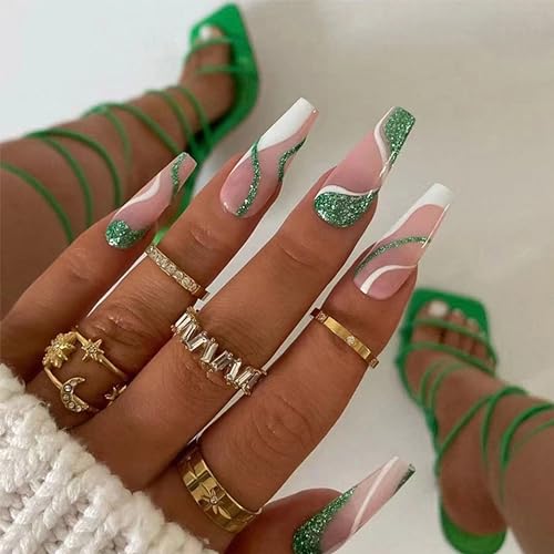 Long Square Press on Nails Square Fake Nails with Green Glitter White Ripple Designs French Tip Glossy Glue on Nails Christmas Acrylic Nails Full Cover False Nails for Women and Girls