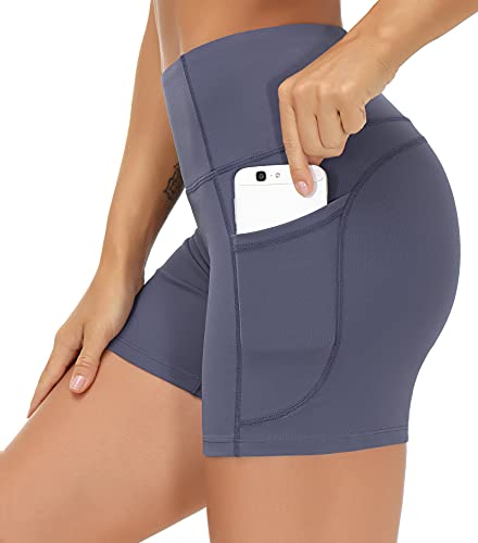 THE GYM PEOPLE High Waist Yoga Shorts for Women Tummy Control Fitness Athletic Workout Running Shorts with Deep Pockets (Small, Ink Blue)