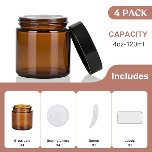 4oz Amber Glass Jars with Lids, 4 Pack | UV-Blocking Cosmetic Containers