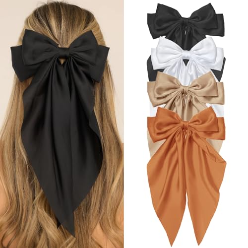 Hair Bows for Women Clips Big Womens Hair Bow Ribbon, Long Silky Satin Ribbon Bows for Hair Oversized, White Black Large Hairbow Barrettes Coquette Hair Accessories for Women Girls Aesthetic