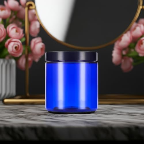 6 oz Cobalt Blue PET (BPA Free) Plastic Jar with Black Smooth Lids (6 pack)
