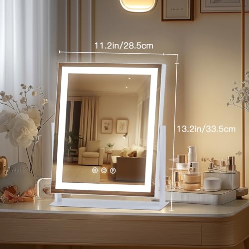 LED Vanity Mirror with Lights, Makeup Mirror with 3 Color Modes, Smart Touch Control, 360¡Æ Rotation for Desk,13.2" L x 11.2" W
