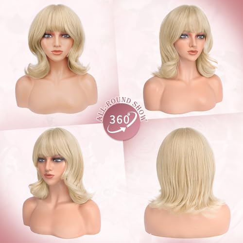 Haloo 14-Inch Blonde Bob Wig with Bangs - Wavy Synthetic Hair