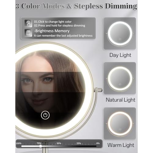 Makeup Mirror with Lights, 1X/30X Lighted Magnifying Mirror Height Adjustable, 3000mAh Rechargeable Double Sided Vanity Mirrors with 3 LED Lighting and Adjustable Brightness for Desk Women Gift