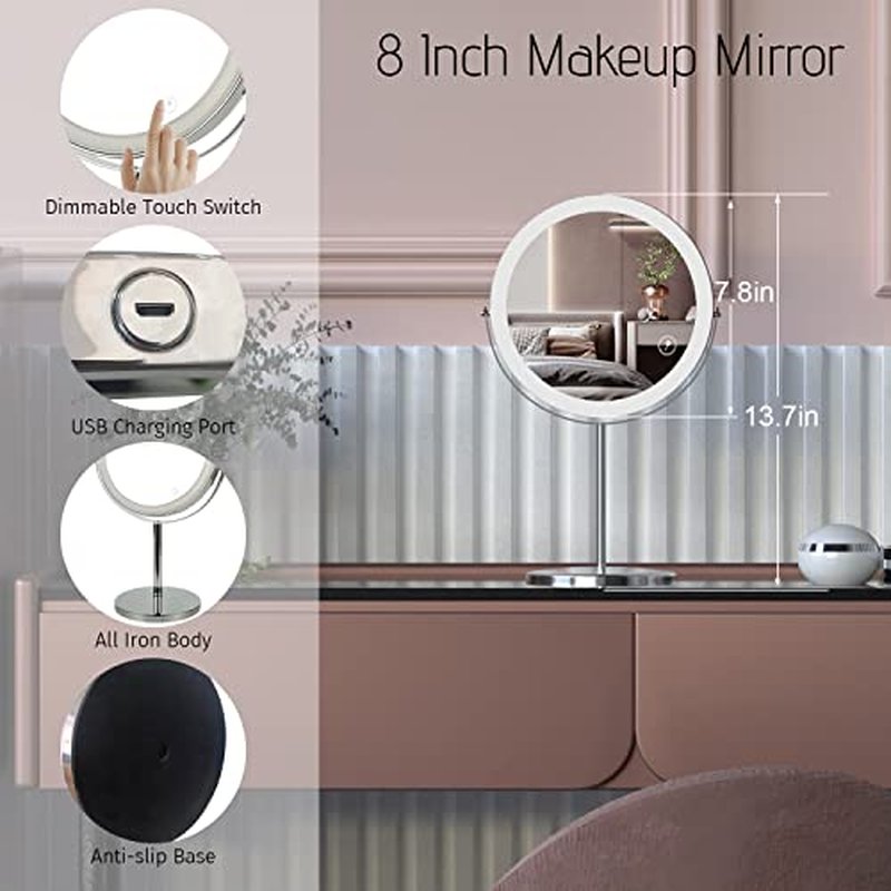 8" Lighted Makeup Mirror with Magnification, 1X/10X Magnifying Mirror with Light, Double Sided 360¡Æ Cordless Rechargeable, 3 Colors Brightness Adjustable Makeup Mirror with Lights with 52 LED(Silver)