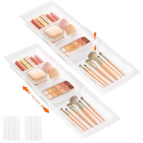 Lifewit Sliding Makeup Drawer Organizer, Fits 13-20" Deep Drawers, Extendable Hanging Divider, 1.8" High Plastic Tray for Vanity, Office, Kitchen, Translucent, 2Pcs