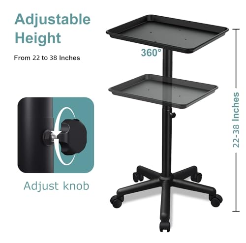 Fuehomue Black Salon Rolling Tray on Wheels with Adjustable Height for Hair, Tattoo & Dental Use