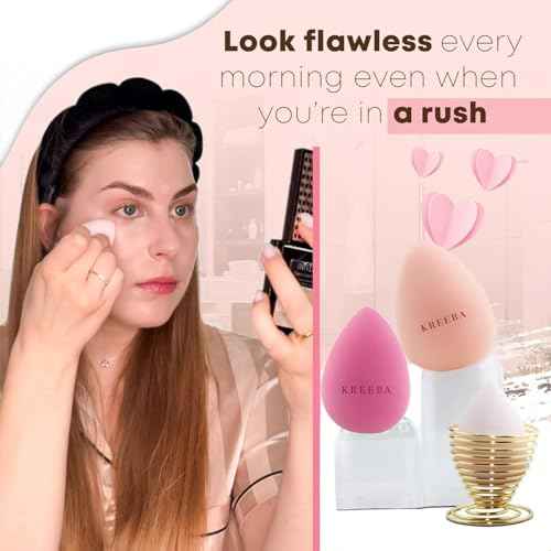 KREEBA 3 Pcs Makeup Sponge Set Comes with Heart-Shaped Travel Box-Makeup Sponges Oval Included Bonus Gold Drying Stand-Latex-Free Make Up Sponges for Face-Beauty Blender Sponge Give Flawless Finish