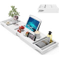 Foldable Bamboo Bathtub Caddy Tray Expandable for Luxury Bath, Bath Accessories & Table with Wine Glass Holder, Book Stand Bathroom Organizer with Extending Sides for Men/Women,White