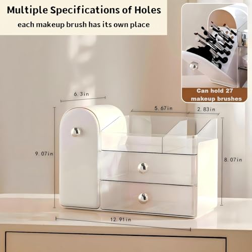 RONGZHIERK Makeup Organizer for Vanity with Brush Holder (White) – Large 2 Drawers
