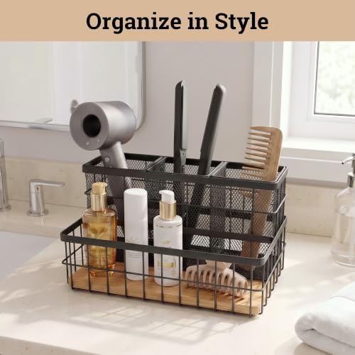 HB Design Co. Black Breathable Metal & Bamboo Hair Tool Organizer - Heat-Resistant Countertop Storage for Hair Dryers, Straighteners & Curling Irons