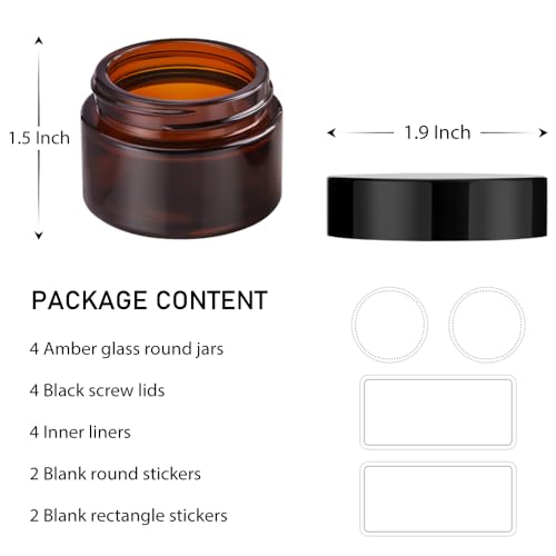 Tecohouse 4 Pack 1oz Amber Glass Jars with Lids for Cosmetics