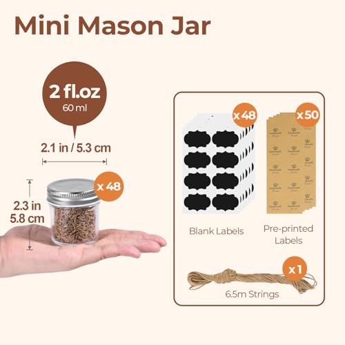 ComSaf 2 oz Mini Mason Jars, 48 Pack with Lids