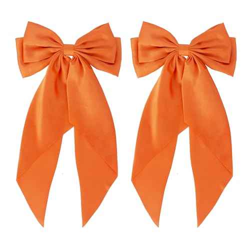 Halloween Fall Orange Hair Bows for Women, 2PCS Silky Satin Hair Bows with Long Tail Oversized French Hair Bow Barrettes Hair Accessories for Halloween Thanksgiving Autumn Holiday