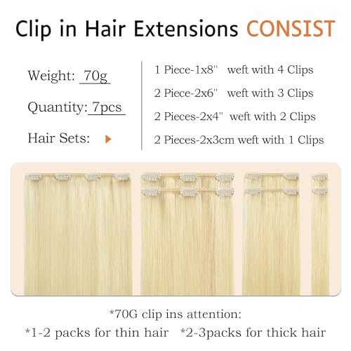 Human Hair Clip ins 16 Inches Human Hair Extensions Bleach Blonde Hair Extensions Human Hair 70g 7Pcs Remy Human Hair Extensions(16inch,7pcs, 70g)