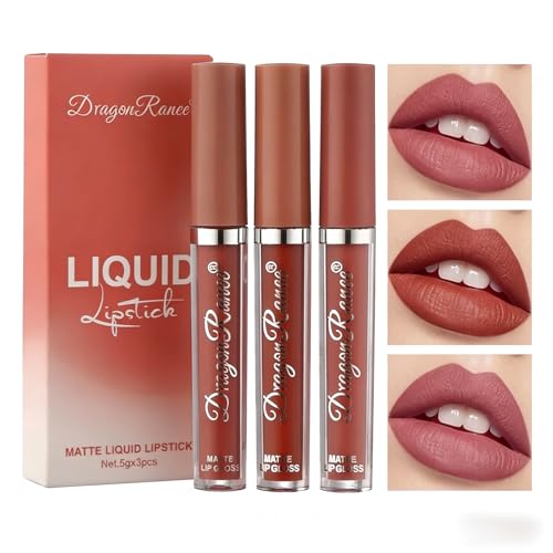3-Piece Matte Liquid Lipstick Set, Nude Brown, Long-Lasting Waterproof