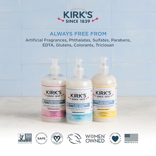 Kirk's Hydrating Hand Wash - Made with Premium Coconut Oil and Aloe Vera, With Plant Based Technology To Help Eliminate Odors, Non GMO, Vegan, Fragrance Free, 12 Fl Oz. 4 pack