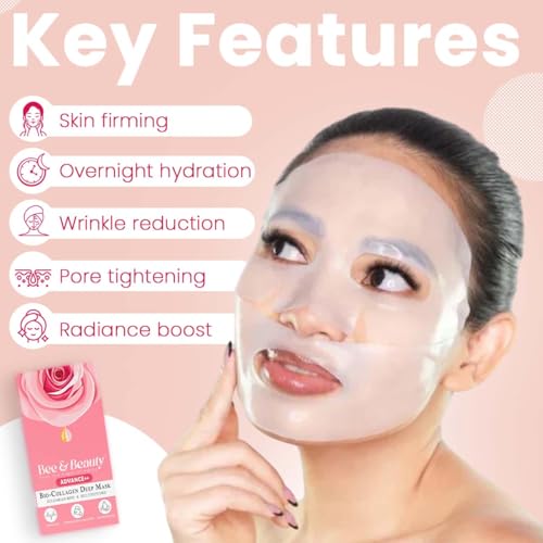 Bee & Beauty Bio Collagen Overnight Mask Pack Of 4 Korean Face Mask For Glass Skin Pink Sheet Mask For Deep Hydration, Rejuvenation With Bulgarian Rose